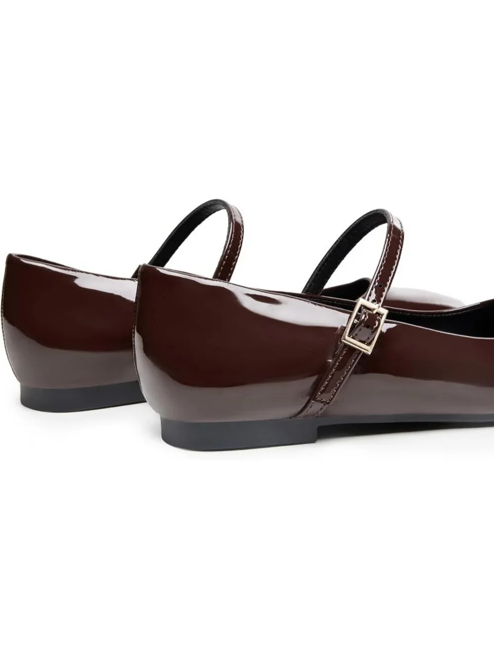 Women's Dark Brown Square Toe Adjustable Buckle Strap Ballet Flat Slip On Shoes